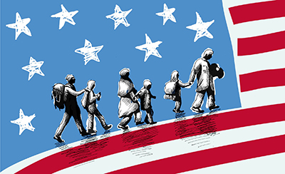 immigrants marching across the united states flag